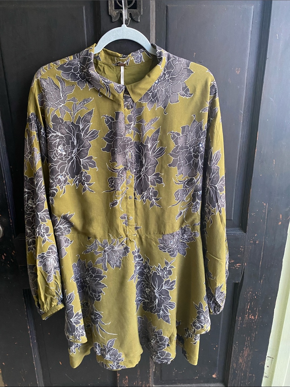 Free People Olive Green Floral Button-Down Shirt dress